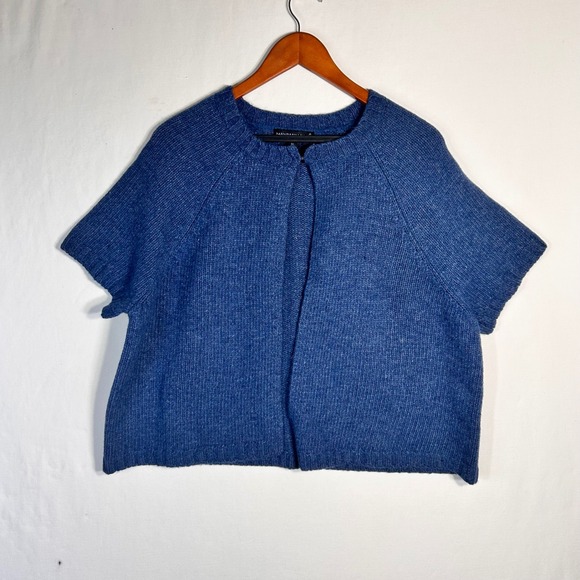 Mandarin Blue Woman Sweaters - Mandarin Blue Woman Blue Lambswool Blend Short Sleeve Cardigan Sweater 3X